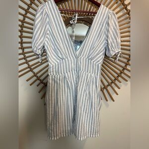 Women’s Favlux Blue & White Striped V-Neck Dress Button Down Tie Back Coastal M
